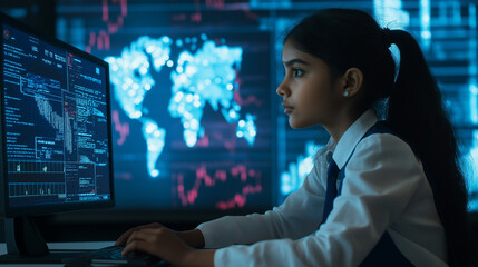 Focused Indian girl in school uniform explores digital charts at a computer desk