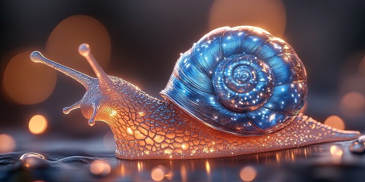 A metallic blue snail with a glistening shell crawling on a dark background with bokeh lights.