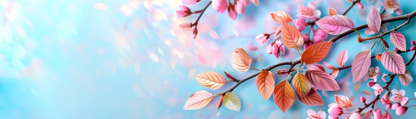 Beautiful pastel-colored cherry blossom branch against a soft blue sky, capturing the essence of spring. Perfect for backgrounds and designs.