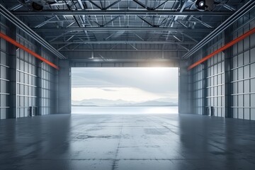 Open hangar doors to mountains