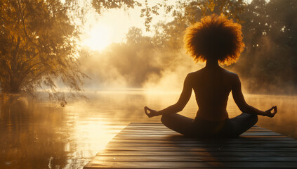 A Black woman with an afro finds peace meditating on a tranquil dock at sunrise over a misty lake