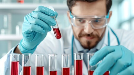 Male scientist in a laboratory wearing gloves and goggles, examining red liquid in test tubes, focused on conducting research.