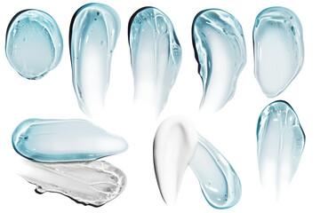 A set of smears and drops or drops of a transparent blue gel, serum. On an empty transparent background.