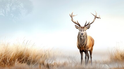 Naklejka premium Majestic stag with impressive antlers standing in a misty field of tall grass, evoking a sense of calm and serenity in the wilderness.