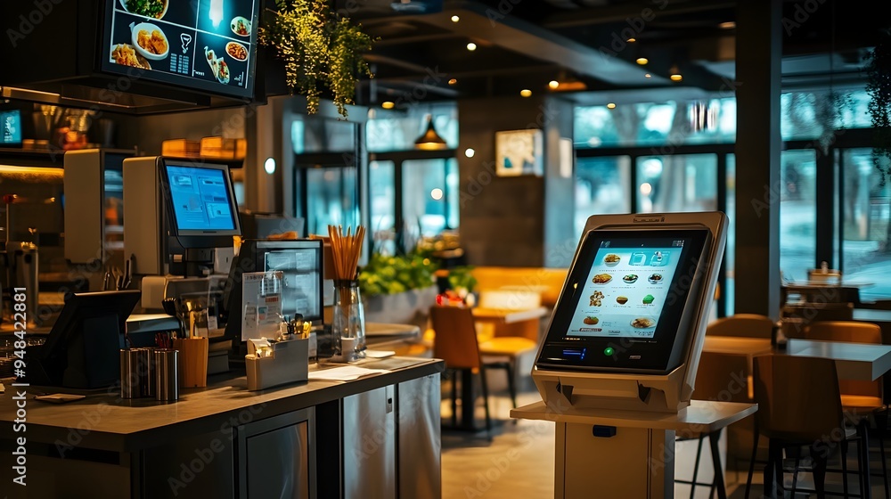 Poster a modern self checkout station in a restaurant utilizing iot internet of things technology to provid