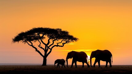Fototapeta premium Three elephants walk under an acacia tree at sunset in the African savanna, creating a serene silhouette scene against a golden sky.