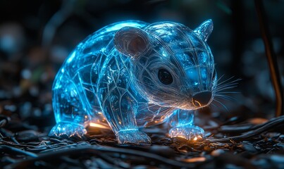 A glowing, translucent, 3D rendered image of a cute, cartoon-style possum with bright blue light emanating from its body. It sits in a dark forest setting on a bed of dry leaves.