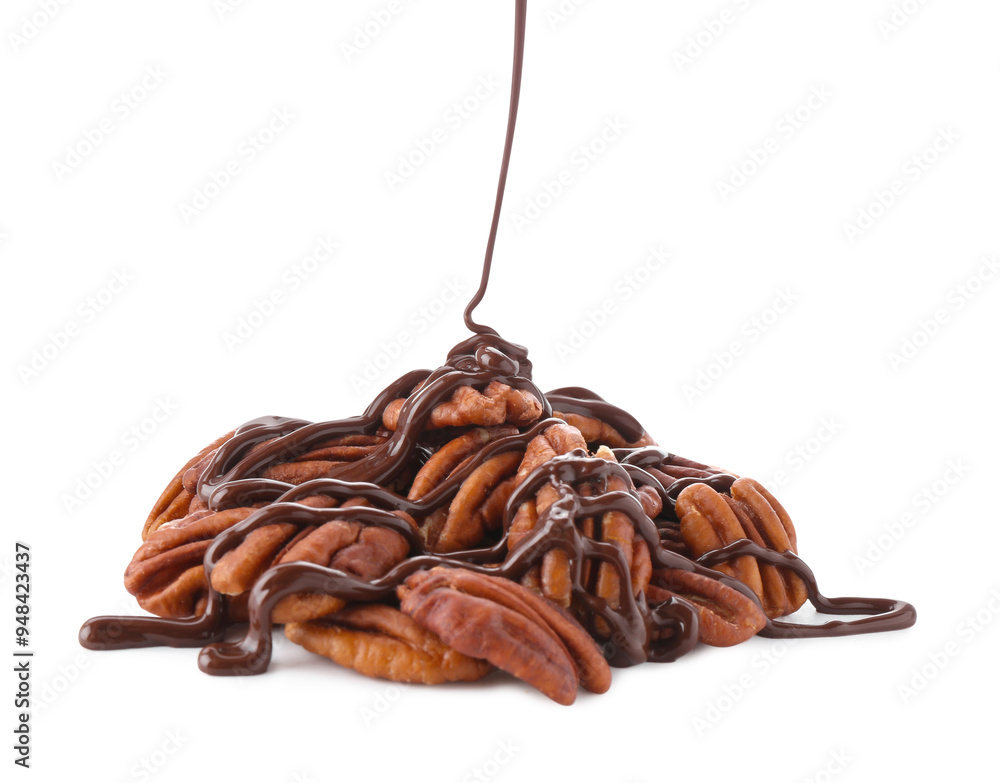 Wall mural pouring melted chocolate onto pecan nuts isolated on white