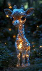 A cute, cartoon-style giraffe with glowing lights inside stands in a forest setting, with blurry lights in the background.