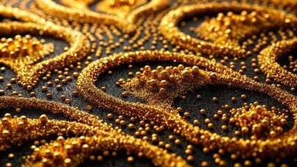 Obraz premium Golden sand grains form intricate patterns on a black background, showcasing texture and detail in a stunning top-down composition with dramatic contrast.