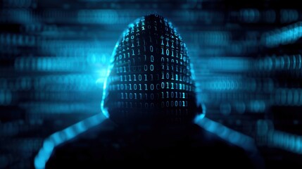Silhouette of a hacker with binary code overlay, representing cyber security threats and digital data protection in a technological world.