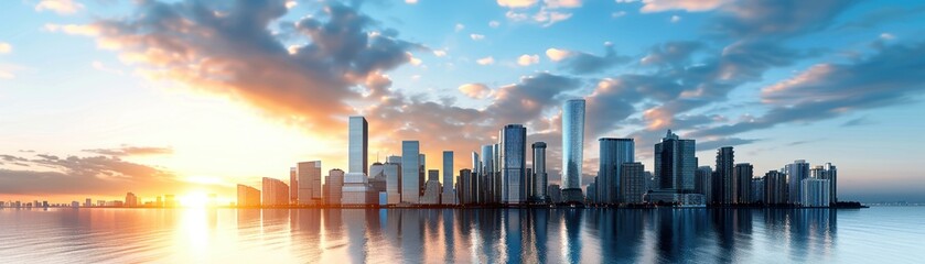 Obraz premium Stunning cityscape with skyscrapers reflecting in the water at sunrise, showcasing modern architecture under a beautiful sky with clouds.