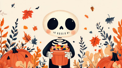 Friendly skeleton holding a candy bucket, surrounded by pumpkins and leaves, soft pastel colors, playful Halloween vibe, space for text, wallpaper, background