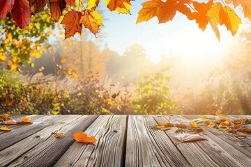 Naklejka na ściany i meble Autumn leaves on a wooden table