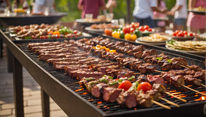 Skewers of marinated meat and colorful vegetables sizzle on a grill during a lively summer gathering with friends and family. The aroma fills the air alongside laughter and conversation.