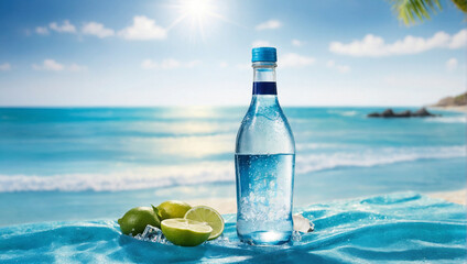 Obraz premium A bottle of clear water stands on the sand, surrounded by slices of lemon and fresh strawberries. The ocean waves gently lap in the background under a bright blue sky.