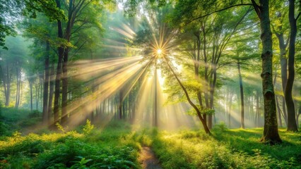 Obraz premium Luminous rays of sunlight shining through mist and green foliage in forest clearing, creating a magical panoramic landscape