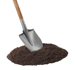 Metal shovel with wooden handle and pile of soil isolated on white