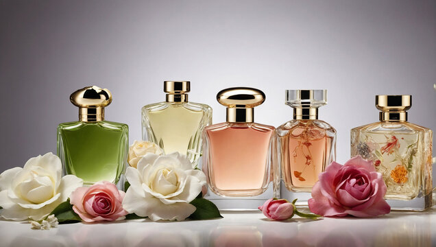 A collection of five beautifully designed perfume bottles is arranged carefully on a table. Surrounding them are fresh roses, adding a touch of elegance and fragrance to the delightful setup.