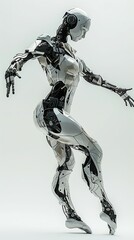A female humanoid robot with a white and metallic exterior stands in a graceful pose against a white background.