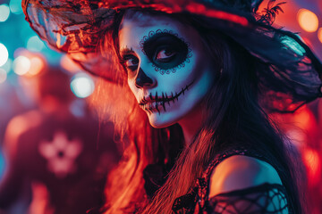 Creative adult Halloween costume party featuring spooky characters and vibrant decorations
