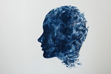 A blue silhouette of a human head is formed from concentric circles. The circles create a swirling pattern that suggests thought, movement, and energy.