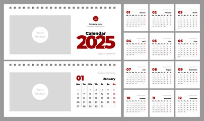 Calendar 2025. Desktop calendar template. Free space for logo and image. Horizontal, page size 210x100mm, English