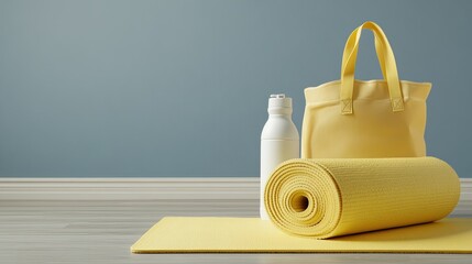 A flat lay arrangement features a yoga bag, sports bottle, and mat set against a bright blue background, offering ample space for promotional text or logos