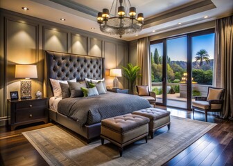 Elegant bedroom in a luxurious California mansion featuring a comfortable king-size bed, sleek modern furniture, and sophisticated decor, epitomizing opulence and refined living.