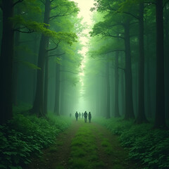 a image of a large green forest with tall trees and a group of people walking deep in it