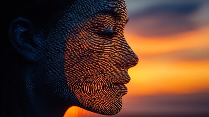 Close-up profile of a woman's face with a digital pattern overlay against a sunset backdrop.