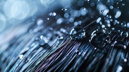 Macro View of Water Droplets Adhering to Hair Strands, Representing Hydration and Moisture Retention for Hair Products