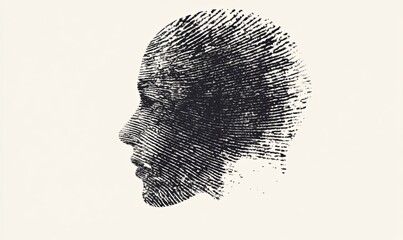A black and white profile silhouette of a human face formed by thousands of tiny lines, creating a pixelated effect.