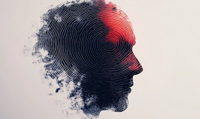 A profile of a man's head is formed by a fingerprint with a red glow.  The image is a digital art piece with a soft, abstract feel.
