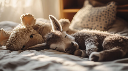 Cute little dog sleeping on the bed with teddy bear toy