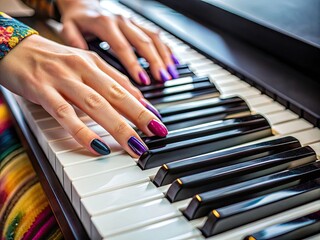 Fototapeta premium Elegant hand with vibrant nail art presses digital piano keys, showcasing musical talent and skill during a private keyboard lesson or creative performance.