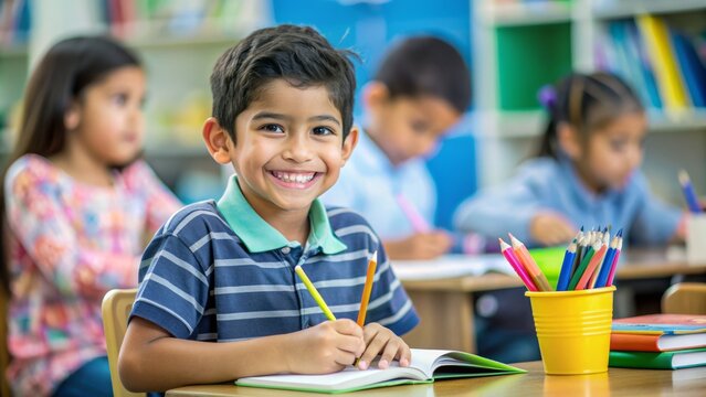 Happy young Hispanic boy sitting at desk in elementary school classroom, smiling and holding pencil, surrounded by colorful textbooks and educational materials.