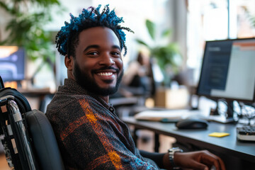Joyful colleague in a vibrant office environment embraces diversity and inclusion while working