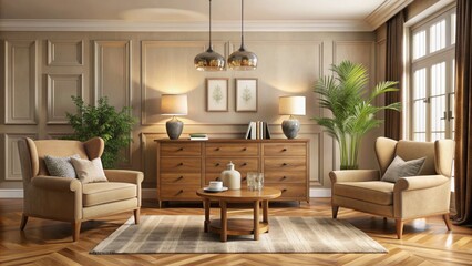 Fototapeta premium Elegant modern living room features a wooden chest of drawers, plush armchairs, and a beige wall, exuding warmth and sophistication in a calming atmosphere.