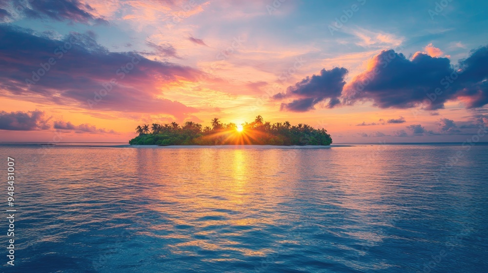 Sticker a stunning tropical sunset illuminates the sky over a quiet island, with the last rays of sun reflec