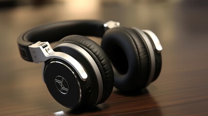 Black and Silver Headphones on Wooden Surface