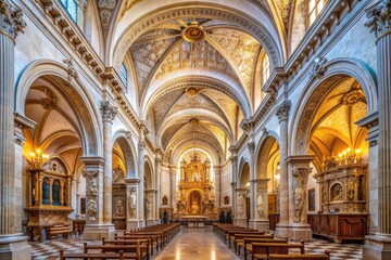 Fototapeta premium Elegant Renaissance-style interior of Baeza Cathedral in Andalusia, Spain, featuring ornate arches, intricate stone carvings, and historic constructions characteristic of the era.