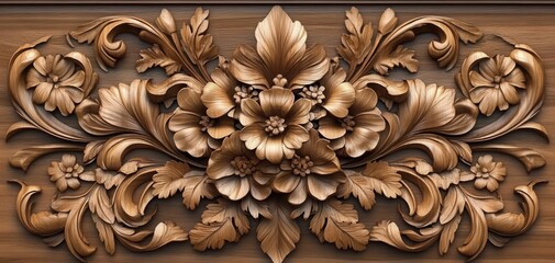 Detailed wooden panel featuring an intricate floral carving with various flowers and leaves, showcasing craftsmanship and traditional artistry.