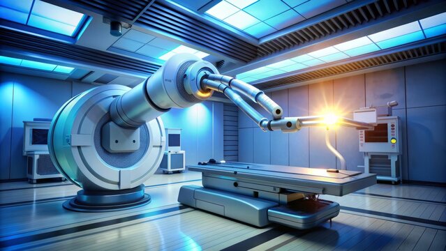 High-precision robotic arm positions advanced linear accelerator for non-invasive cancer treatment, emitting precise beams of radiation to target tumors with exacting accuracy.