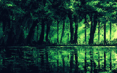 Obraz premium 8bits Pixel art of a dark green forest with black shadows