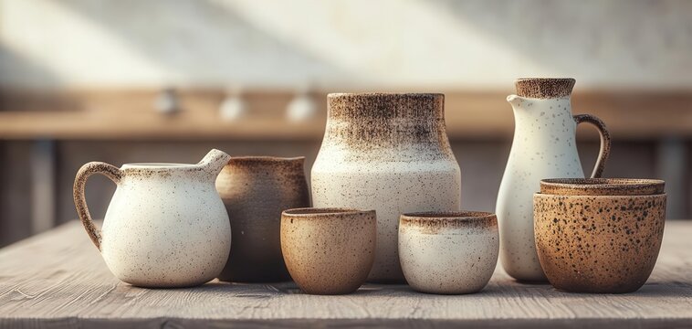 Rustic ceramic pottery set displayed on wooden table, featuring various shapes and sizes with natural earthy tones.