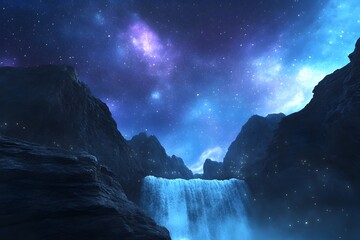 A daring explorer navigates the rocky cliffs under a captivating starry night sky with a roaring...