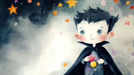 Illustration of a playful vampire with candy, surrounded by twinkling stars, soft pastel colors, Halloween theme, space for text, wallpaper, background