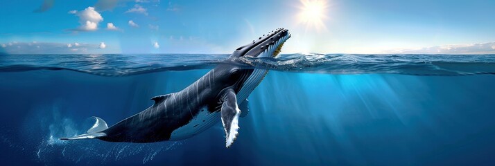 Majestic humpback whale breaches the ocean surface under the bright sun, showcasing the beauty of marine wildlife.