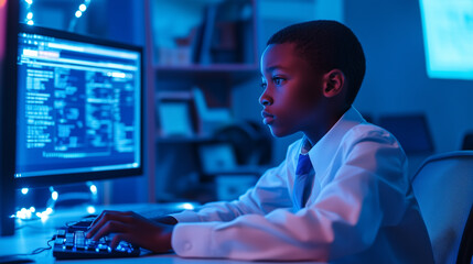 Focused African American boy in school uniform engaging with technology in a modern classroom